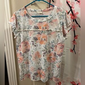 BiBi Floral Short Sleeve Top - Orange and Pink
